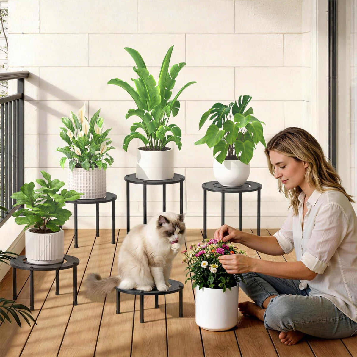 idavosic.ly height-varied stands lift pots off the floor for cleaner spaces.