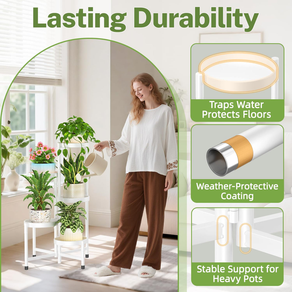 Stable triangular legs with floor caps protect floors and prevent slipping.