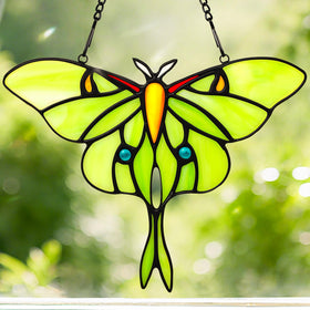 IDEA SHOW Luna Moth sun catcher glows in sunlight, brightening windows with colorful stained glass.