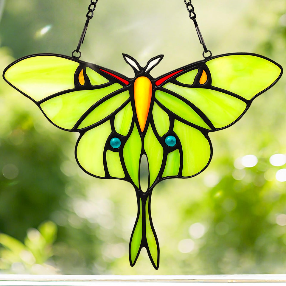 IDEA SHOW Luna Moth sun catcher glows in sunlight, brightening windows with colorful stained glass.