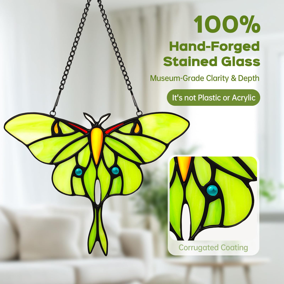 IDEA SHOW stained-glass butterfly ornament highlights natural light with shimmering colors.