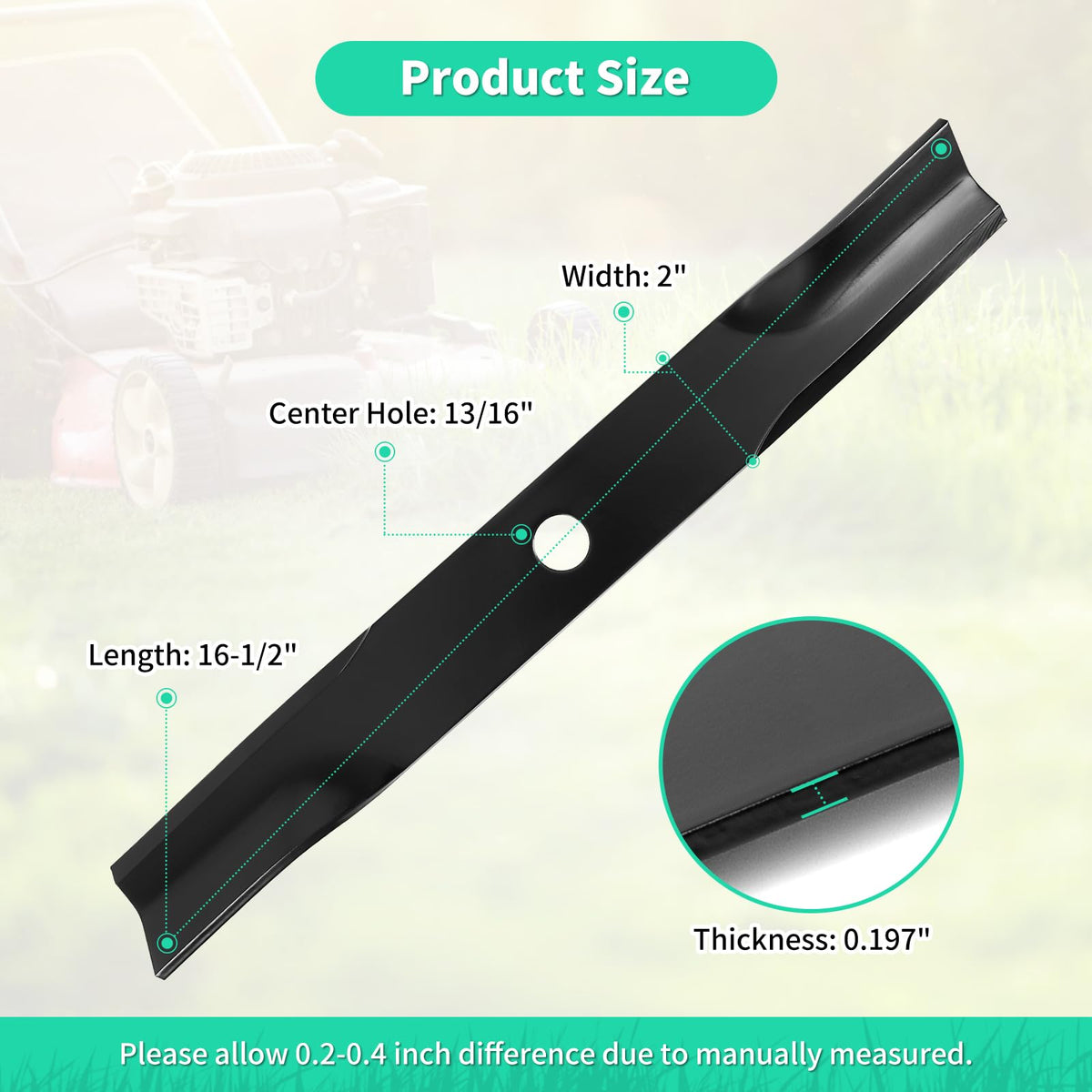 IDEASURE blade closeup shows thick steel for durable mowing in tough grass.