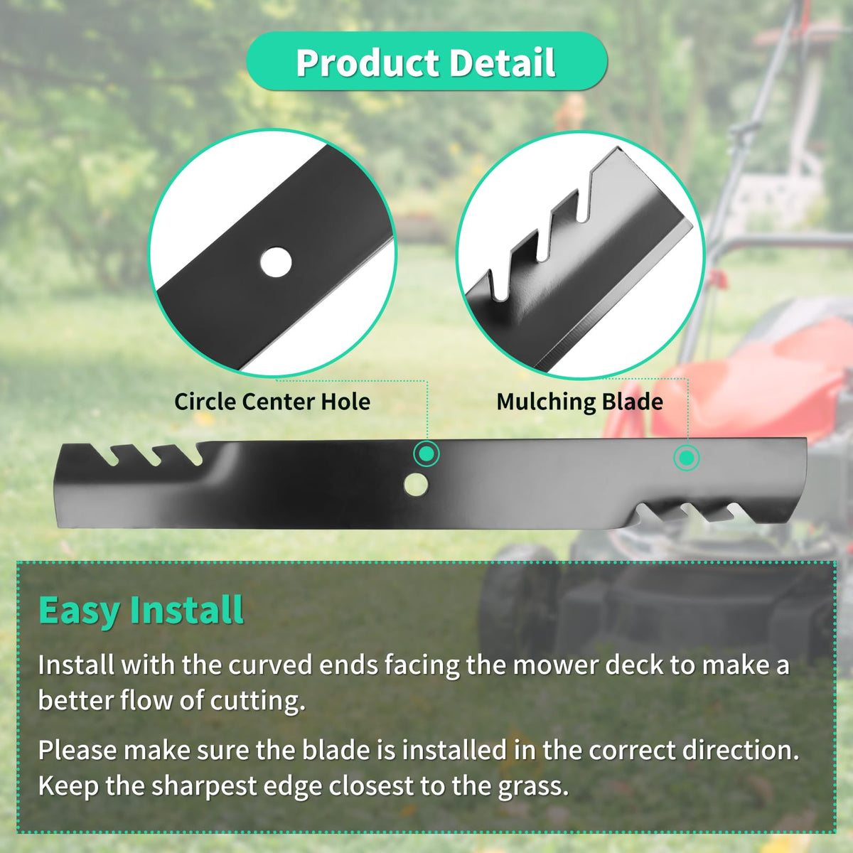 IDEASURE blade dimensions and thickness details suitable for thick grass and varied terrain.