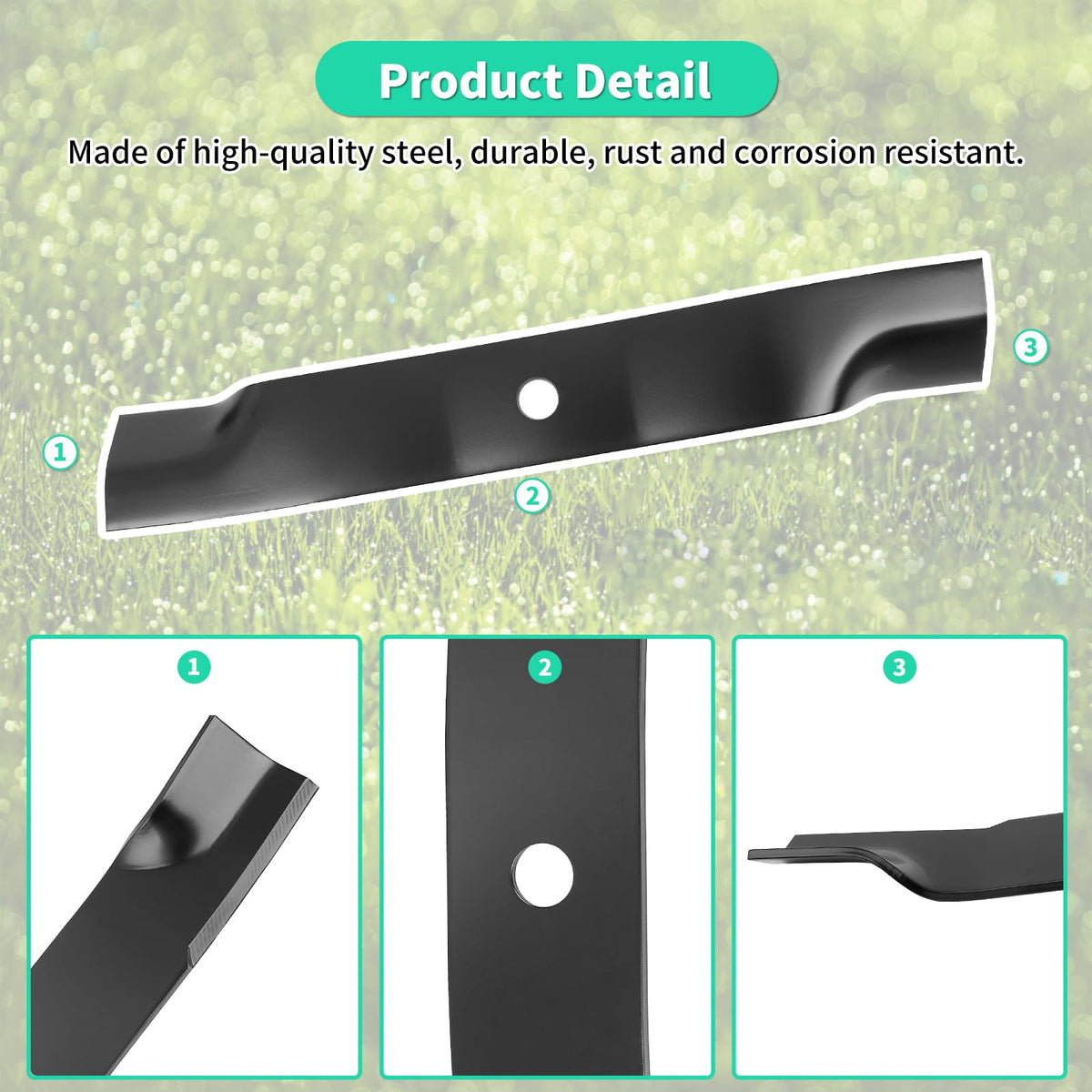 IDEASURE durable thick-steel blade close-up signals lasting mowing performance