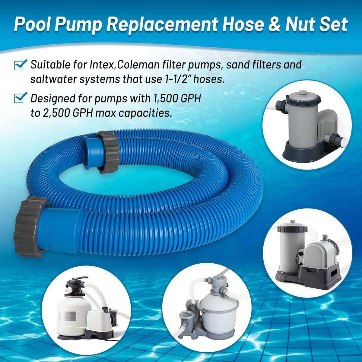 IDEASURE 59-inch hose in action connecting pool outlet to filter pump.
