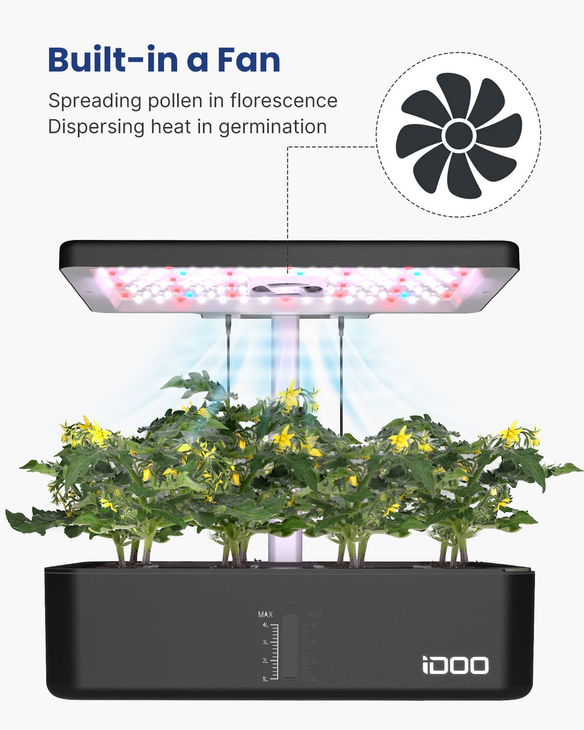 iDOO built-in fan—air circulation aids plant comfort and germination.