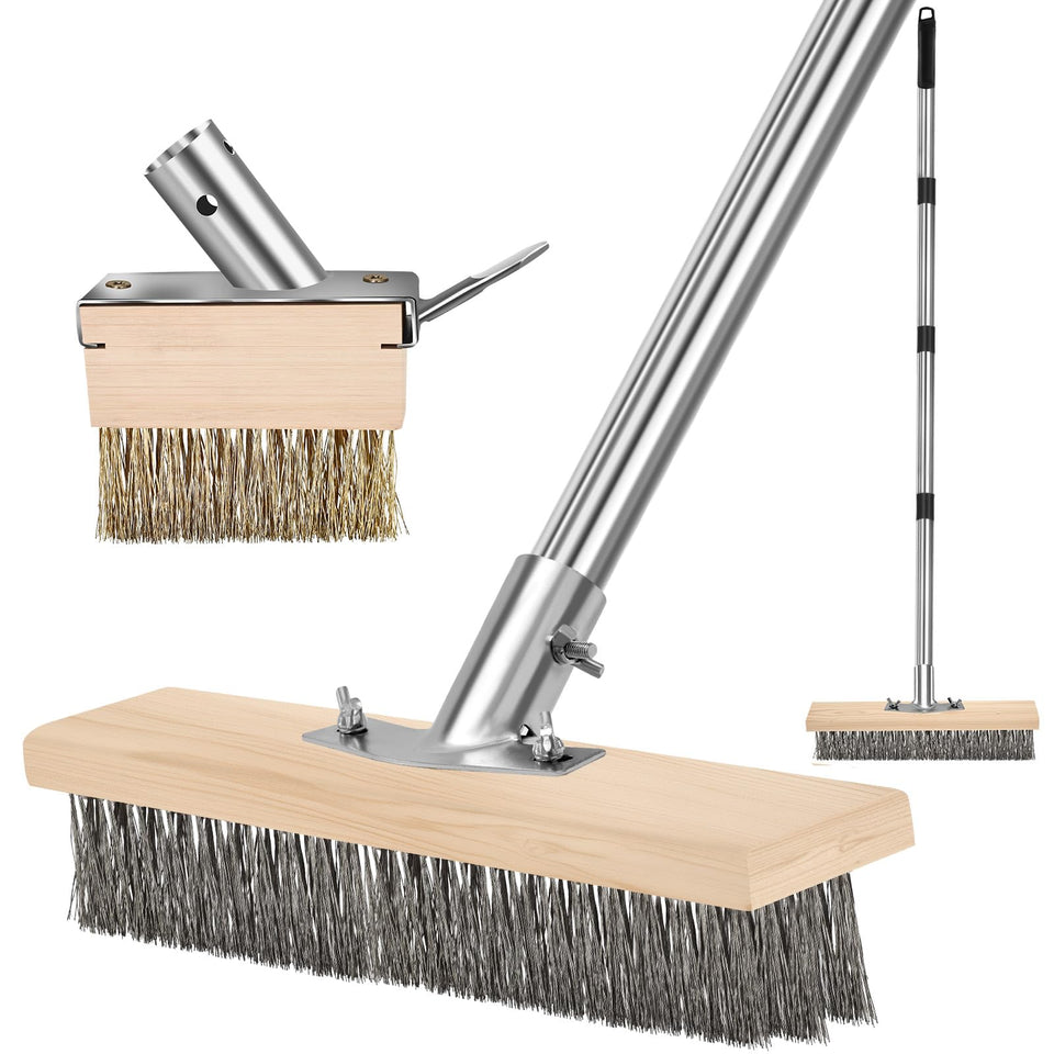 IDUNSEED metal cleaning brush with long handle scrubs tough moss on rough concrete.