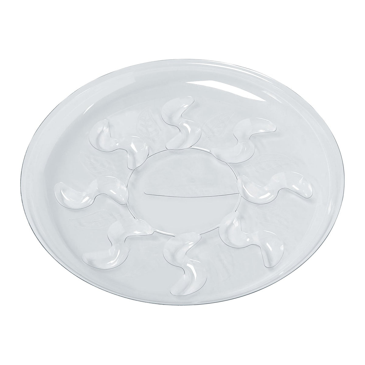 Idyllize 6inch clear plastic saucer grooves-closeup highlights water management.