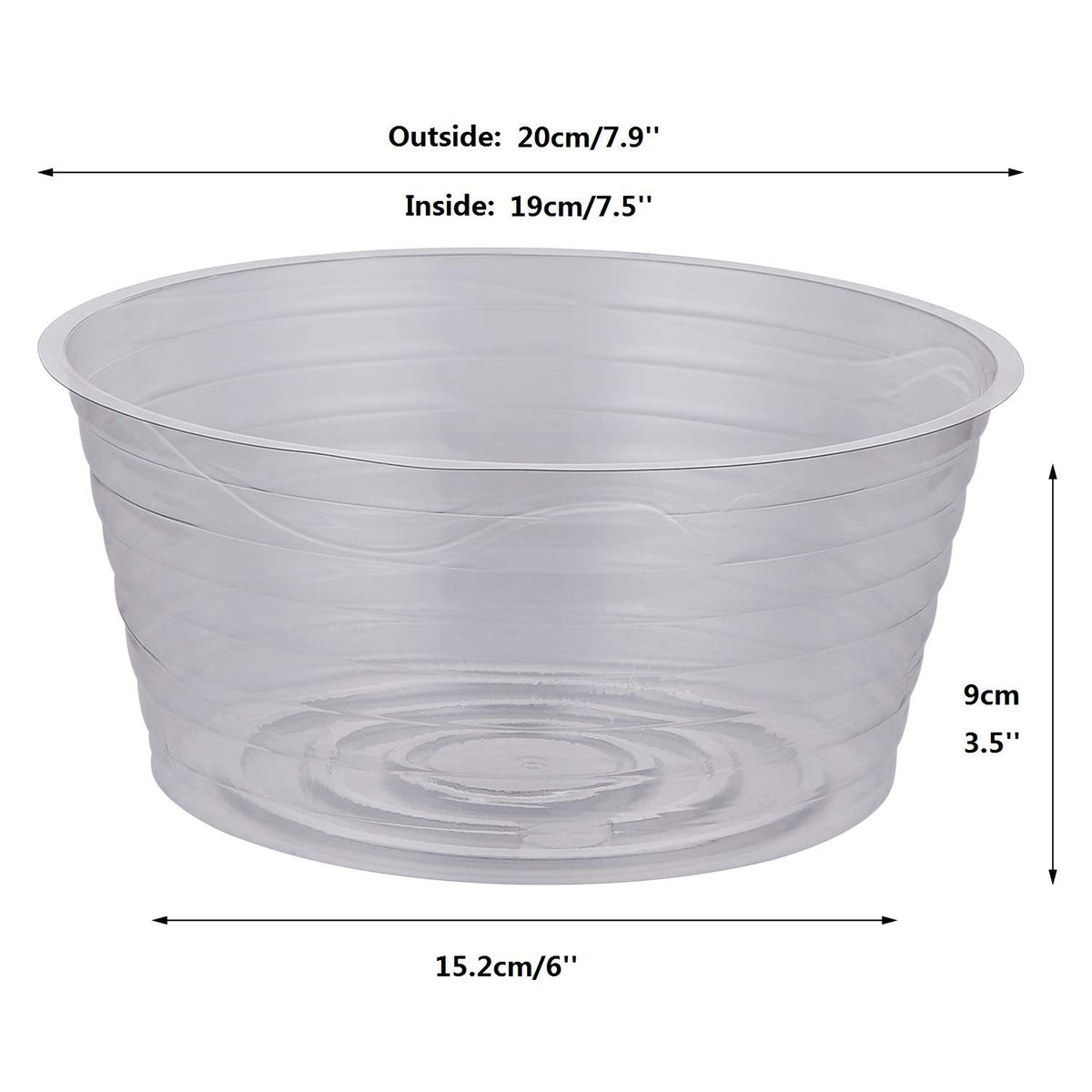 Idyllize clear 8in plant saucer side view highlights durable design.