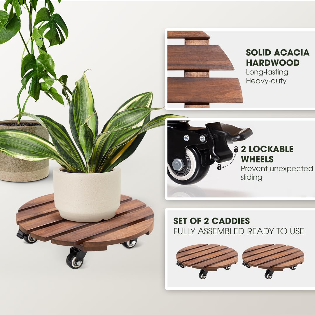 Idzo 2-pack 14-inch acacia plant caddy with 360° swivel for easy moves indoors and outdoors.