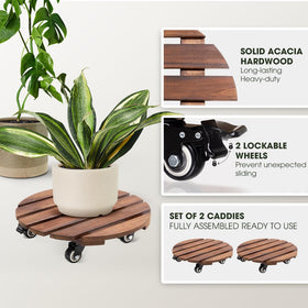 Idzo 2-pack 14-inch acacia plant caddy with 360° swivel for easy moves indoors and outdoors.