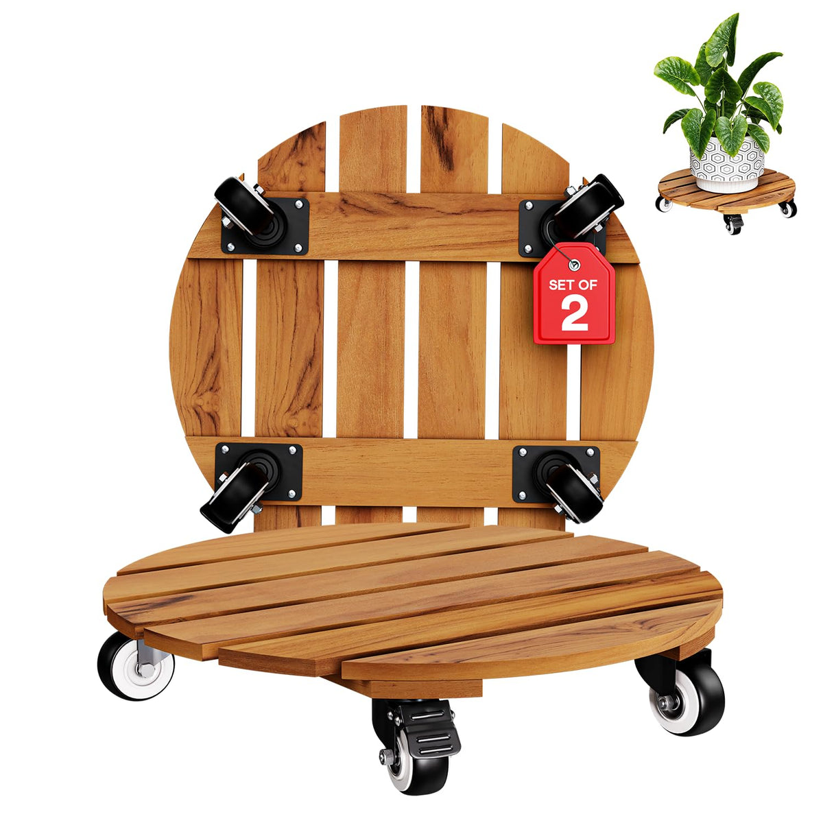 IDZO two-pack 14-inch acacia plant caddies with wheels for easy mobility