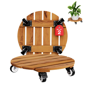 IDZO two-pack 14-inch acacia plant caddies with wheels for easy mobility