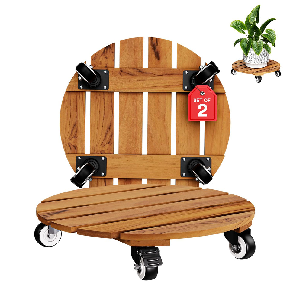 IDZO two-pack 14-inch acacia plant caddies with wheels for easy mobility