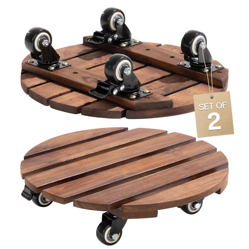 Idzo 2-pack 14-inch acacia plant caddy with wheels for effortless repositioning.