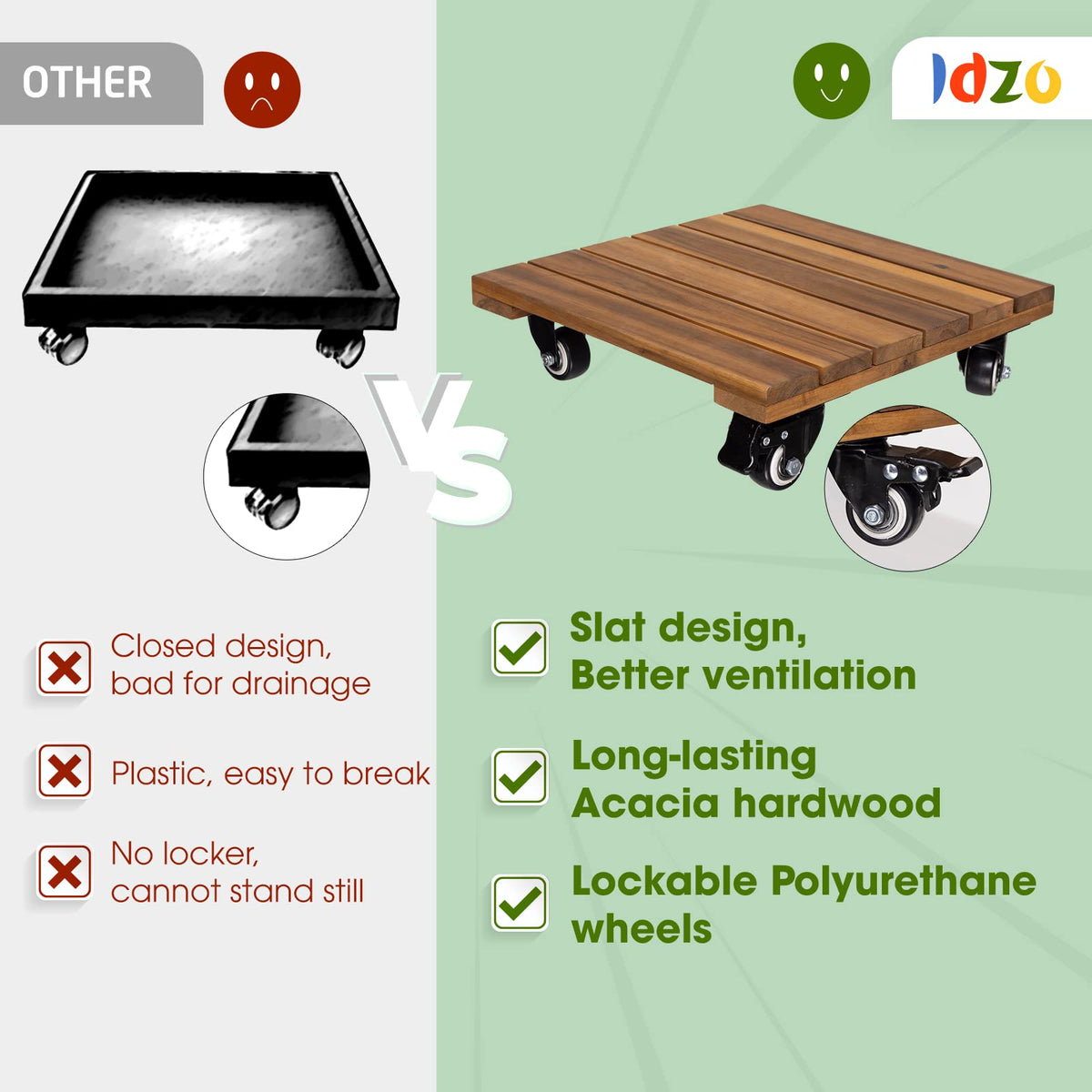 IDZO acacia hardwood plant caddy supports up to 264 lbs, ideal for large pots.