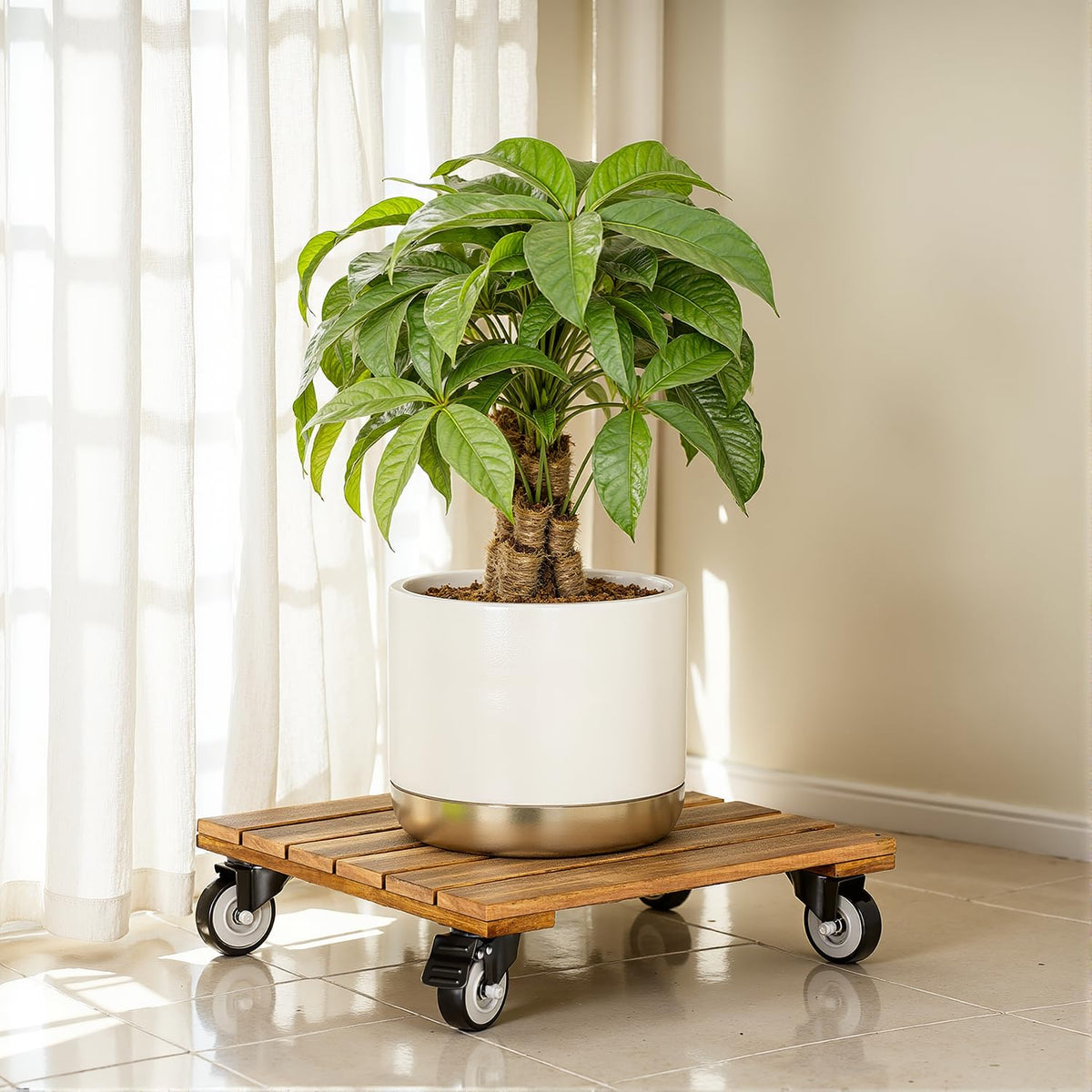 IDZO acacia wood dolly with lockable wheels for heavy items.