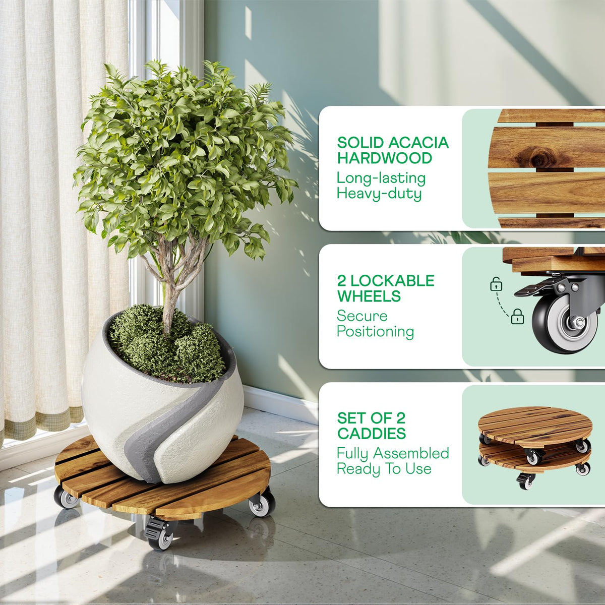 Idzo rolling plant caddy with 360-degree wheels and lock in action