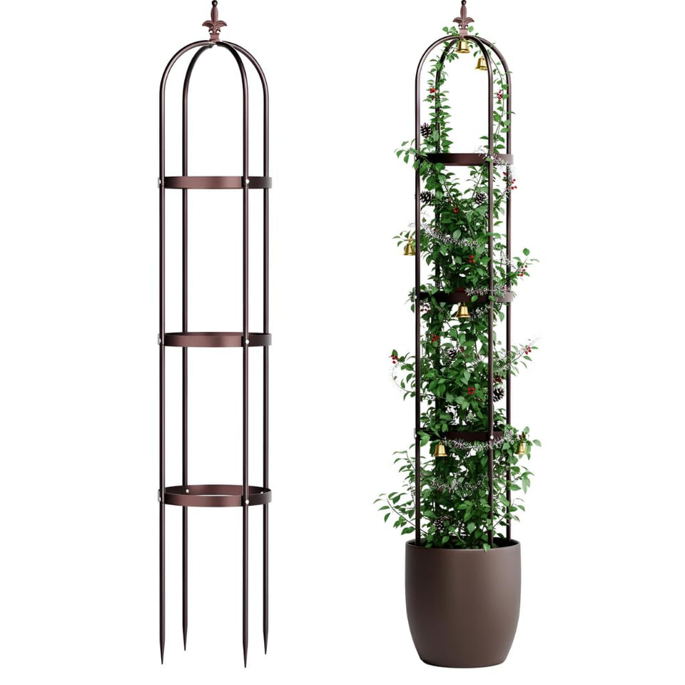 IDZO Trellis with stone-coated obelisk stands in a sunny garden guiding climbing roses elegantly