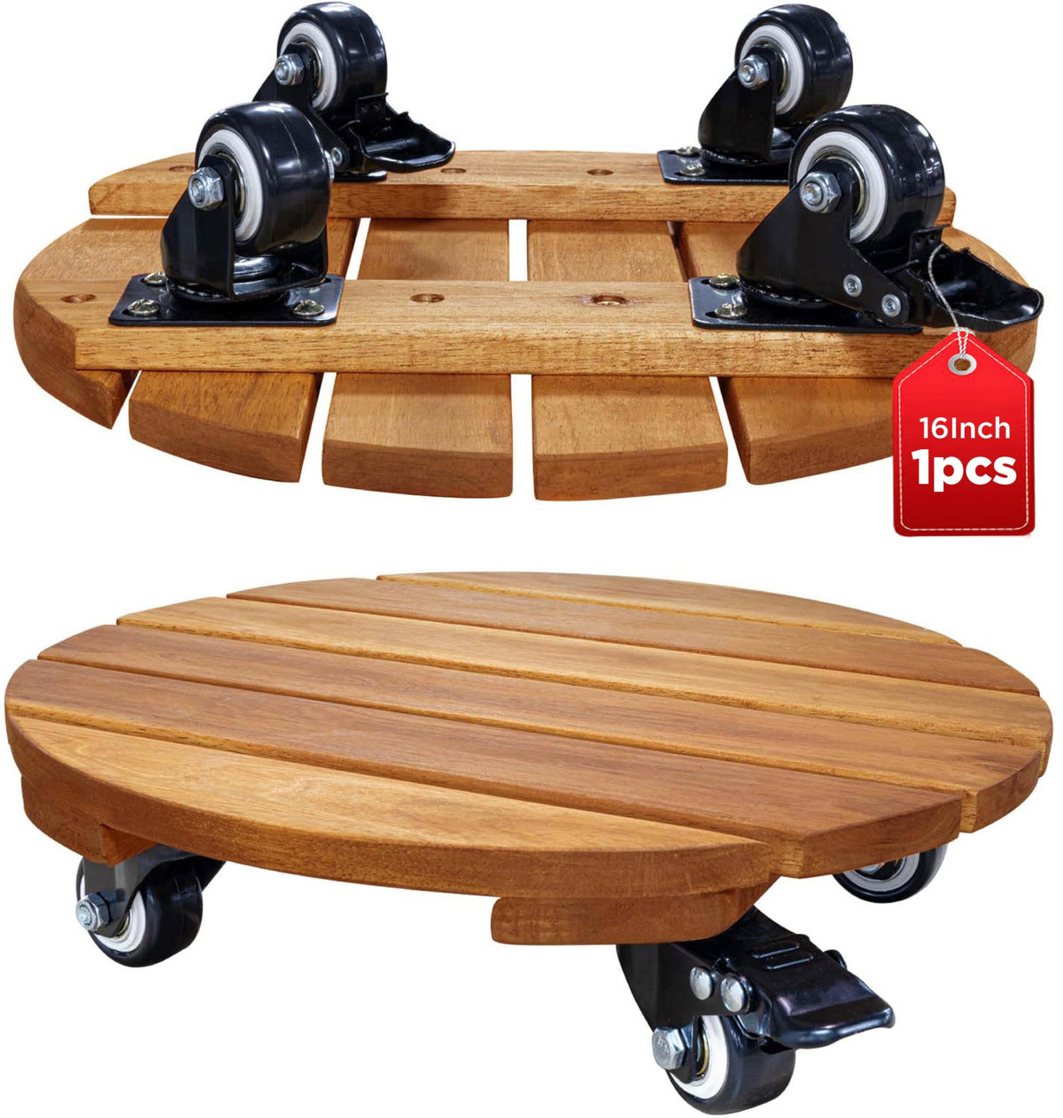 IDZO wood plant caddy with 12-inch wheel for easy indoor plant movement.