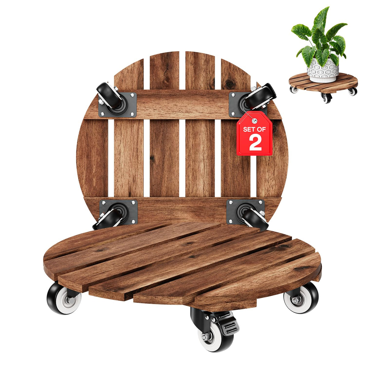 IDZO wood plant caddy with 12-inch wheels offering easy mobility for heavy pots