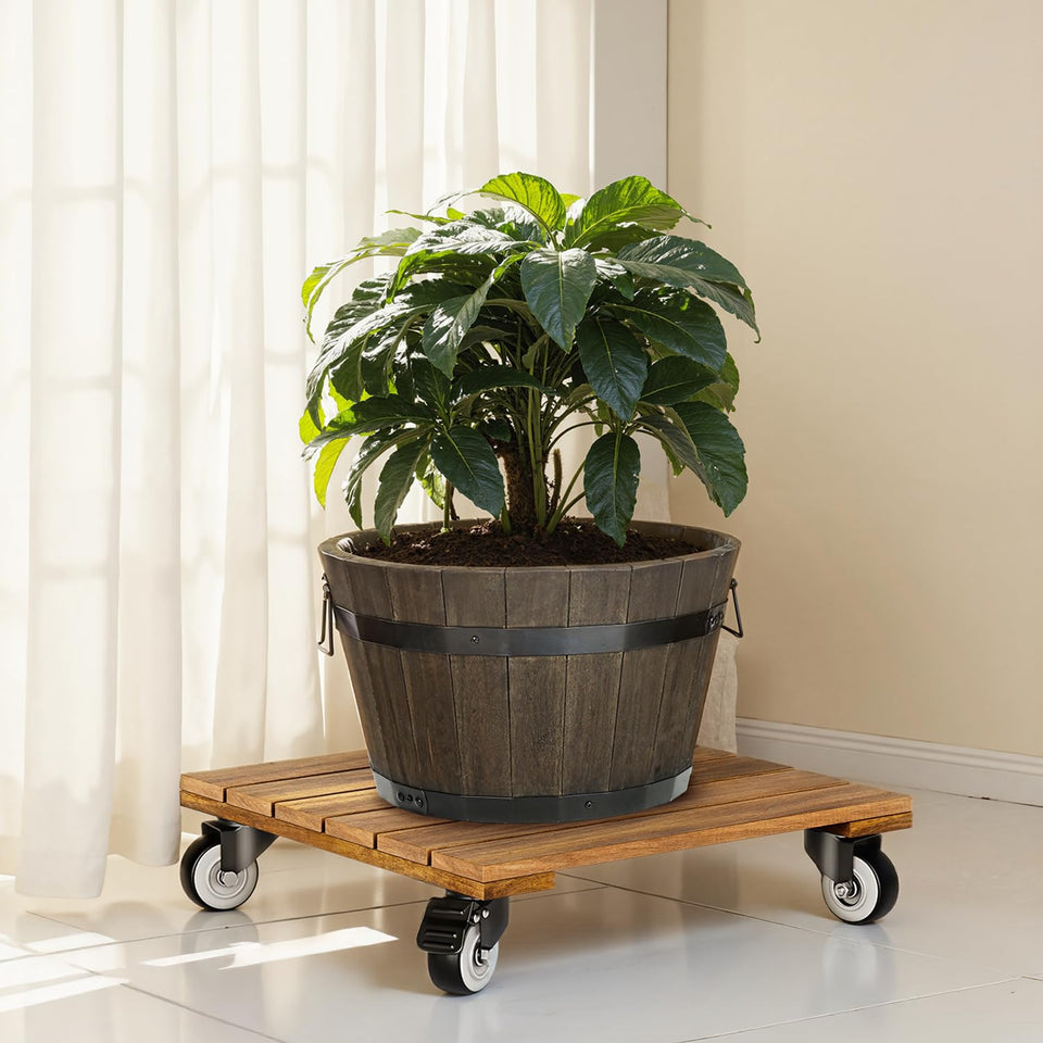 IDZO wood plant caddy with 360° lockable wheels for easy relocation.