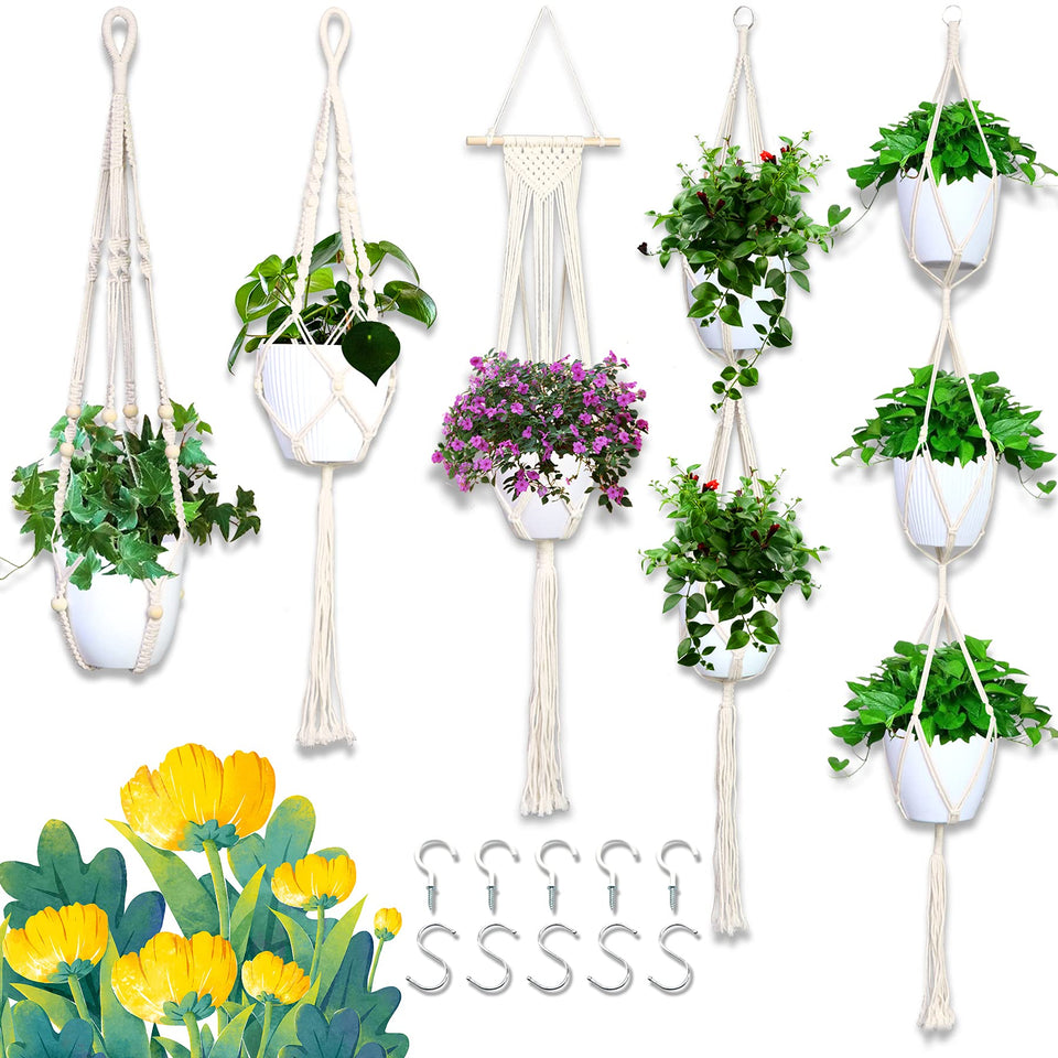 IGaiety macrame plant hanger five-style set hanging in window for small pots.