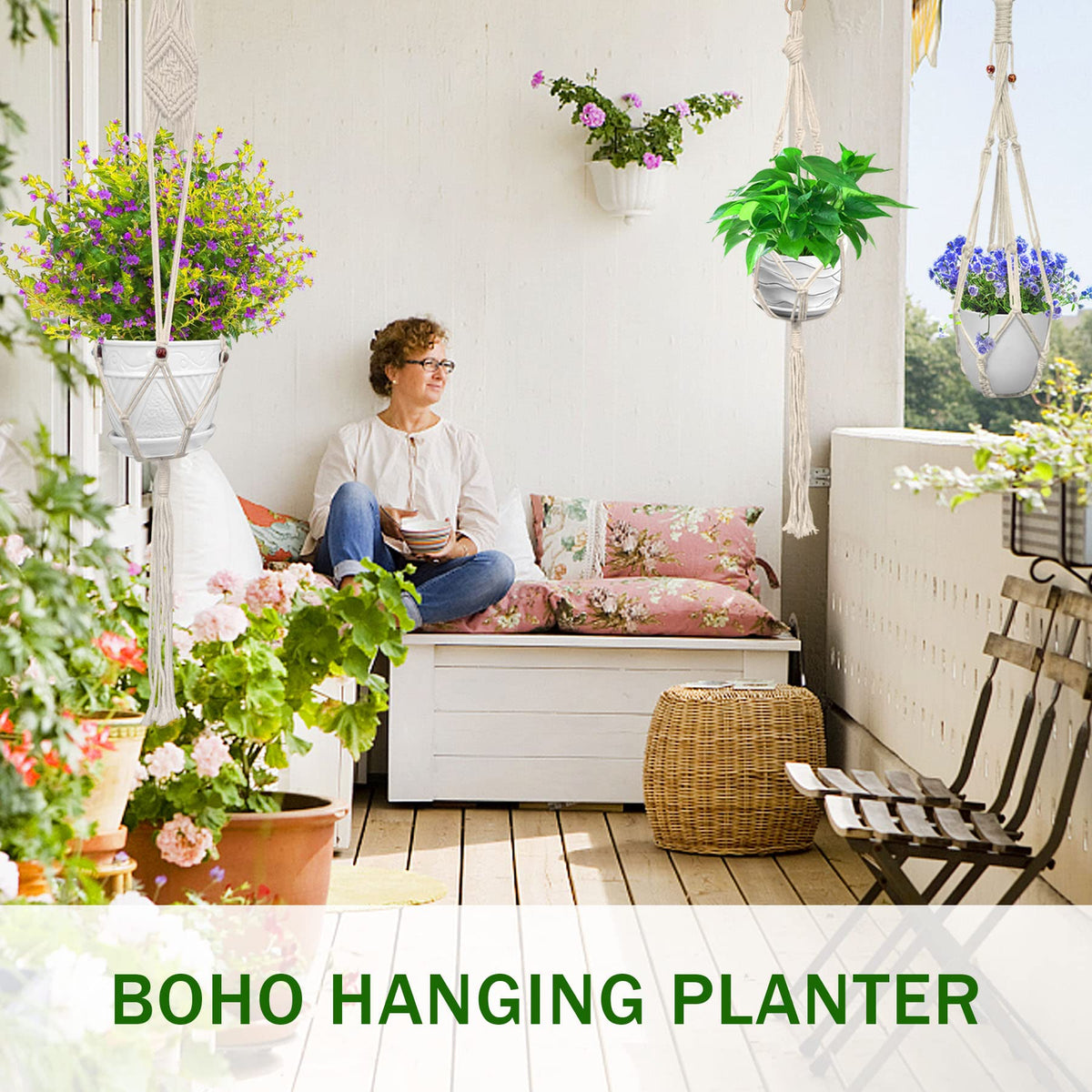 IGaiety Macrame Plant Hanger installation with ceiling hooks for DIY mounting