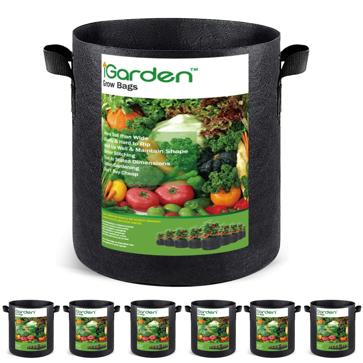 IGarden tall 10-gallon grow bag front view with sturdy handles for easy transport