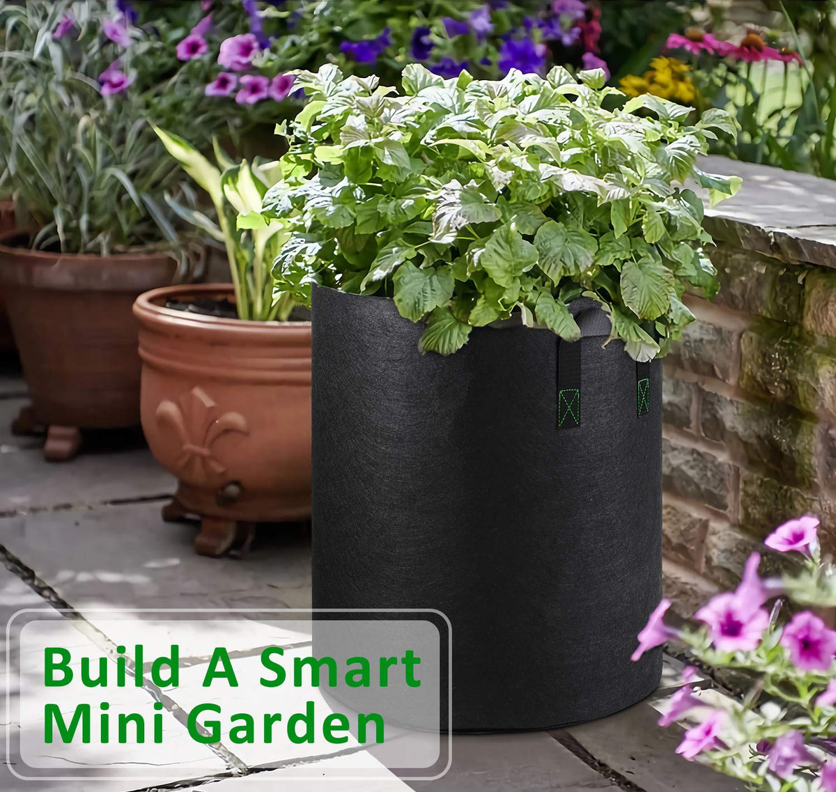 IGarden stackable nonwoven grow bags arranged for storage and reuse