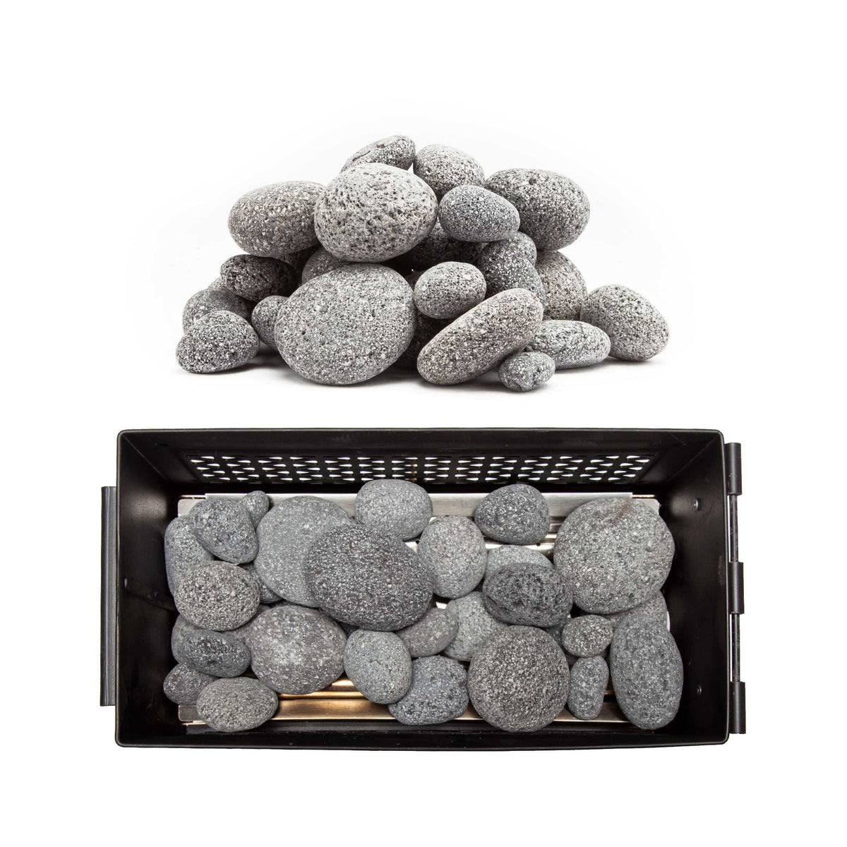 Ignik FireCan lava rocks with tumbled edges for safer handling