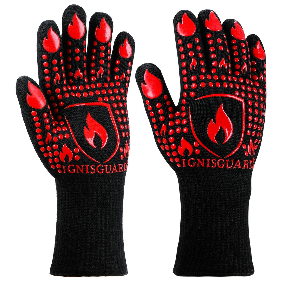 IGNISGUARD BBQ gloves pair for secure grilling with high heat protection.