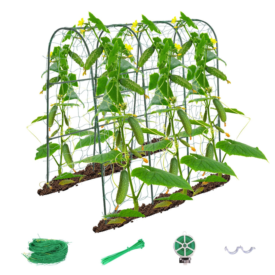 iGreely cucumber trellis side view highlights rustproof, durable garden support for raised beds.