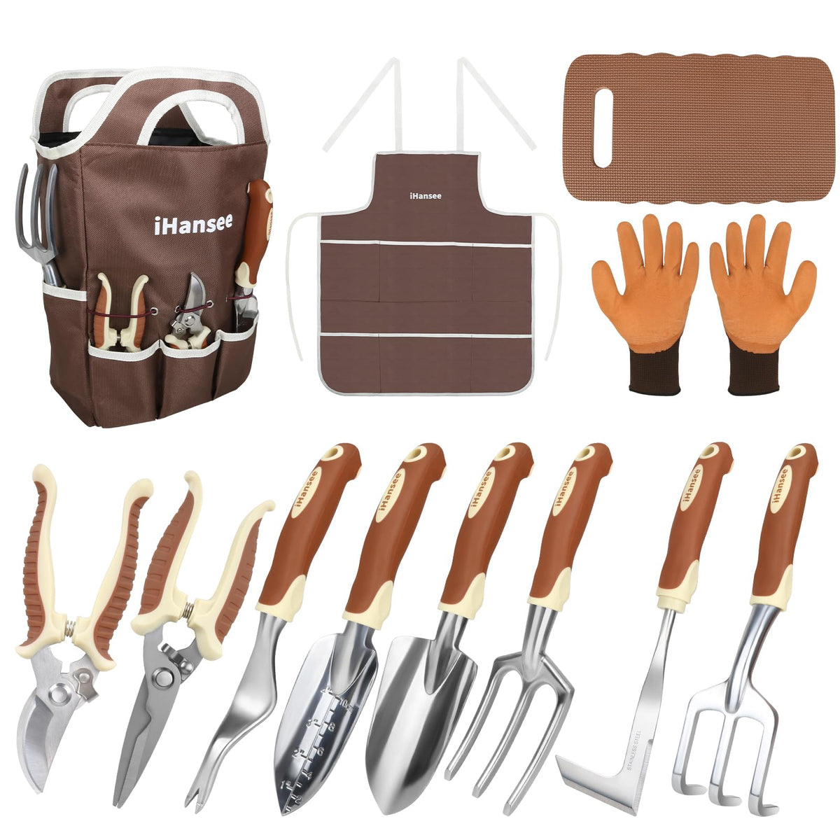 iHansee 12-piece brown garden tool set with organized storage for easy gardening.
