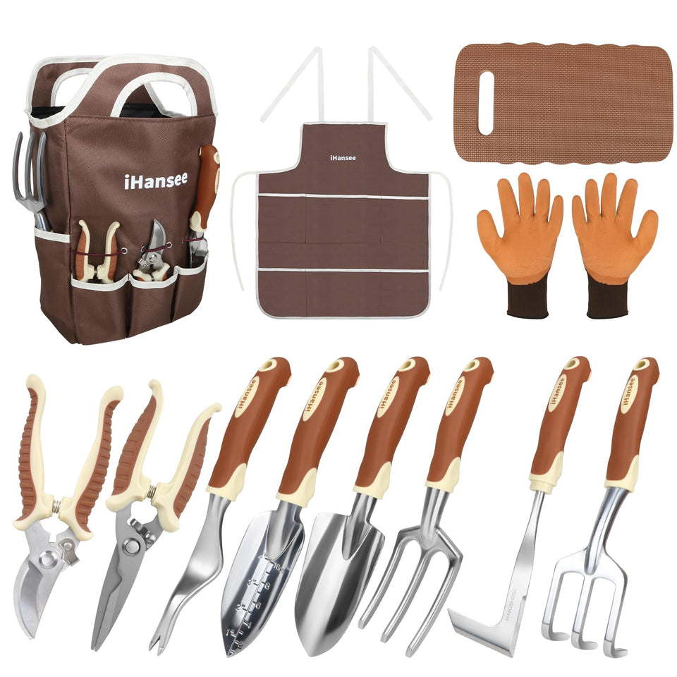 iHansee 12-piece brown garden tool set with organized storage for easy gardening.