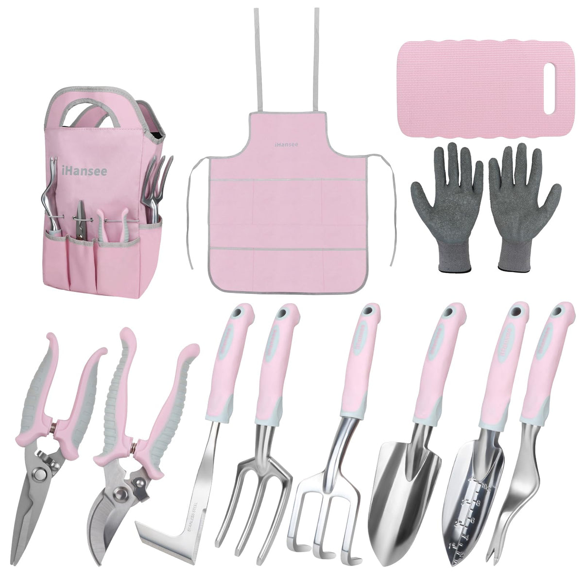 iHansee pink garden tool set with non-slip handles for comfortable digging