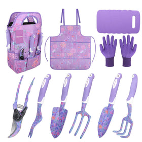 iHansee purple garden tool set full view, organized for easy gardening tasks.