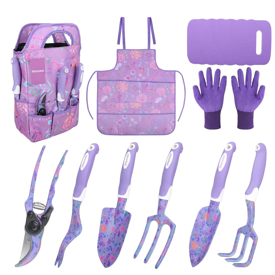 iHansee purple garden tool set full view, organized for easy gardening tasks.