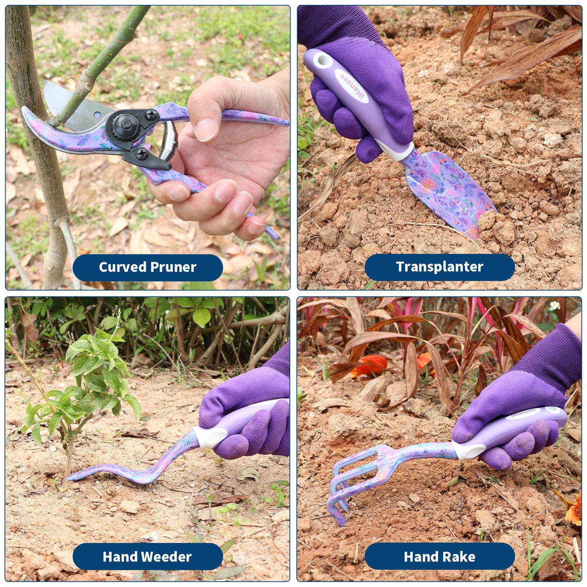 iHansee trowel close-up with durable blade for planting and digging.