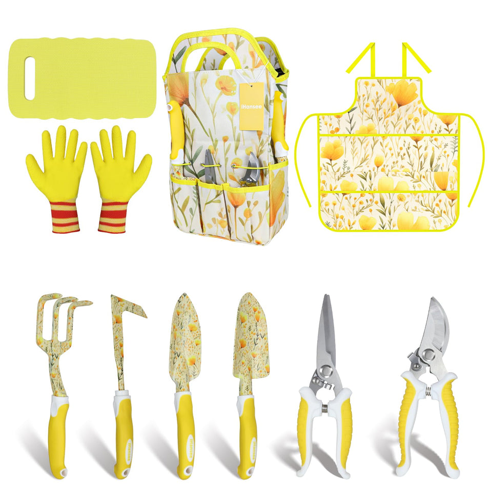 iHansee yellow garden tools set with ergonomic, non-slip handles for comfortable use.
