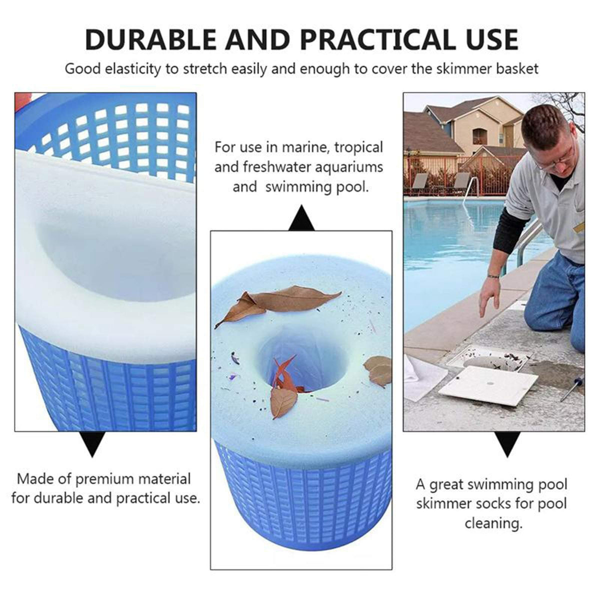 IIIHAT filter saver socks basket fit showing universal fit on skimmer baskets