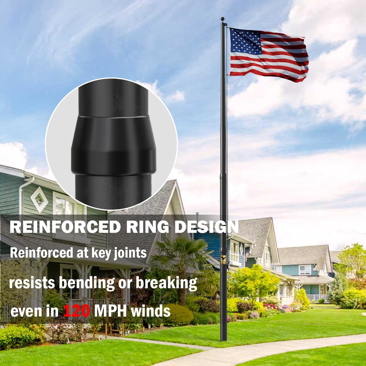 IIOPE 120 mph wind-tested flag pole helps keep your flag fluttering during storms.