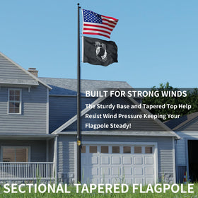 IIOPE flag pole sectional tapered design reduces wind pressure for stability.