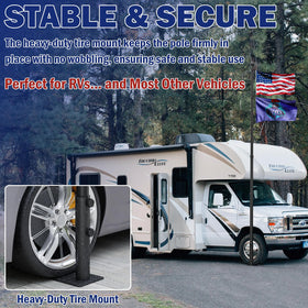 IIOPE wobble-free tire mount keeps flag straight at highway campsites.