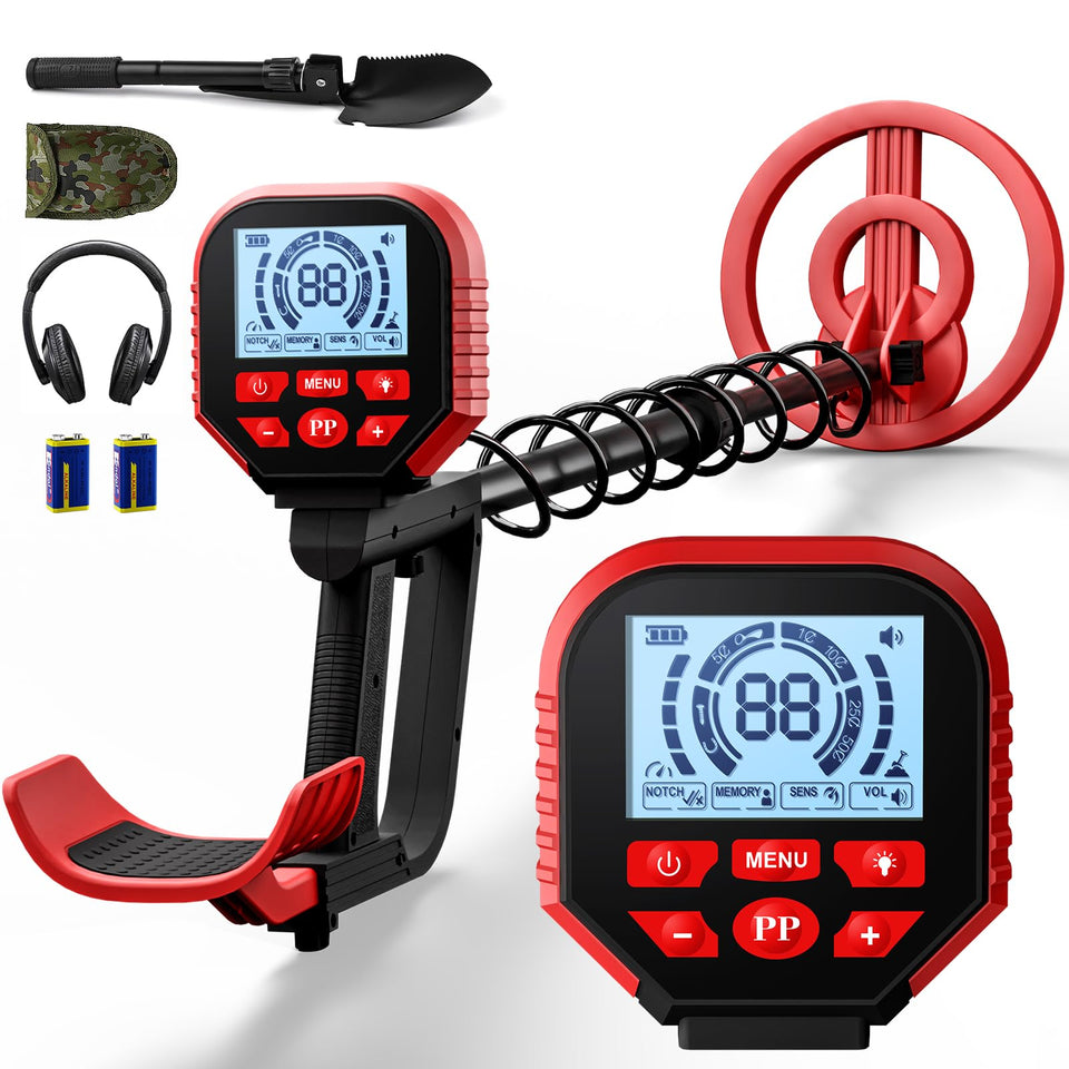 The ikiu metal detector with LCD display for clear target readings in any light.
