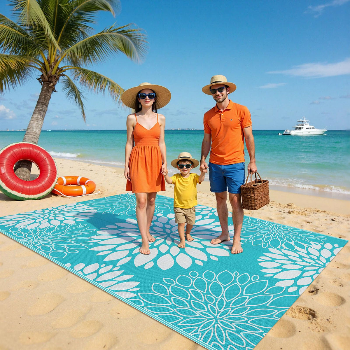 Ileading outdoor rug with corner loops and stakes for secure placement