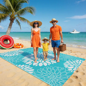 Ileading outdoor rug with corner loops and stakes for secure placement
