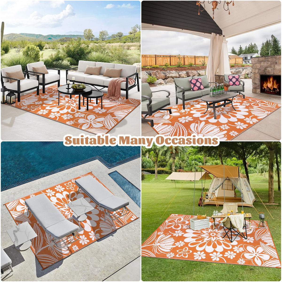 Ileading orange floral rug brightens camping trips and picnics.