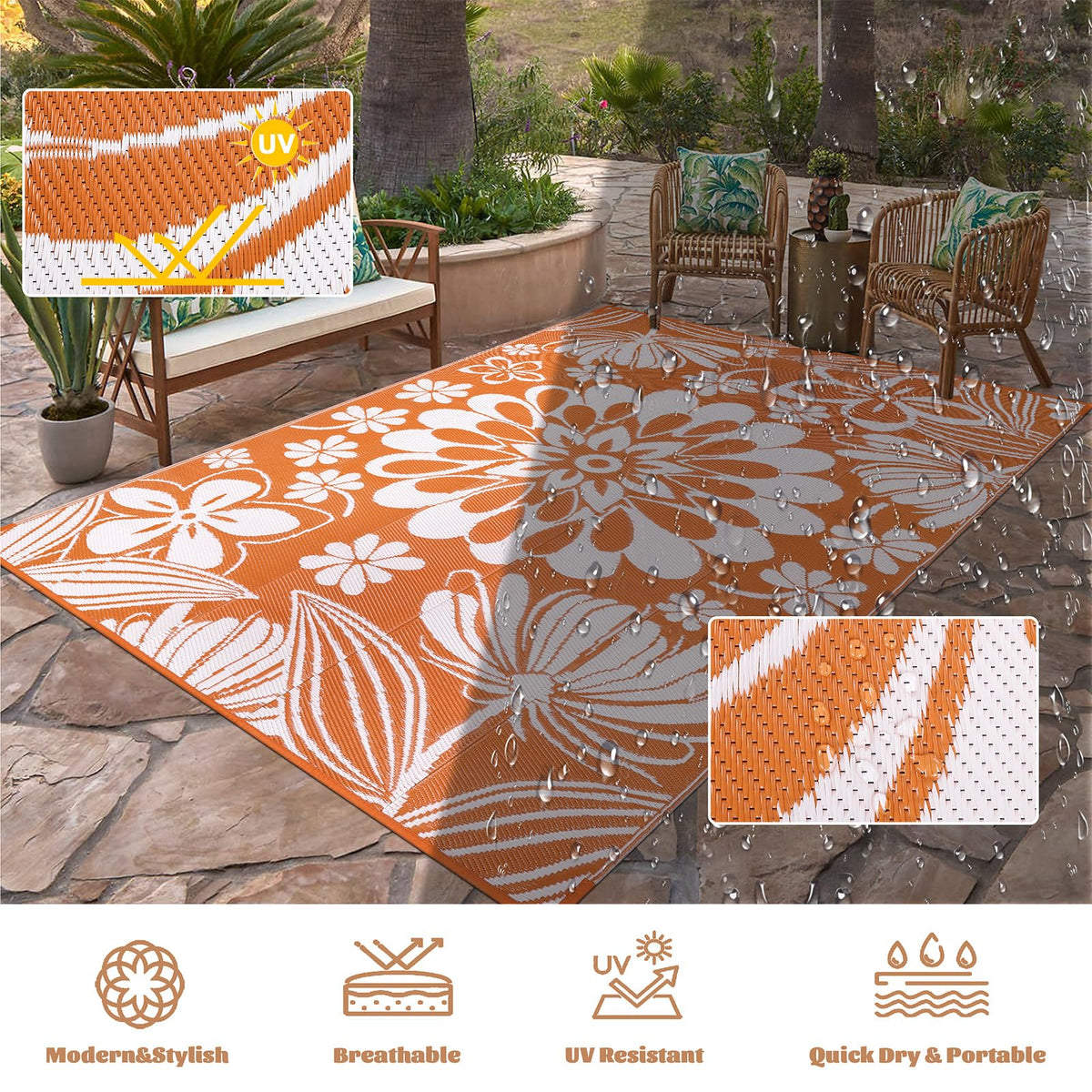 Ileading outdoor rug is waterproof and easy to clean, great for poolside cleanup.