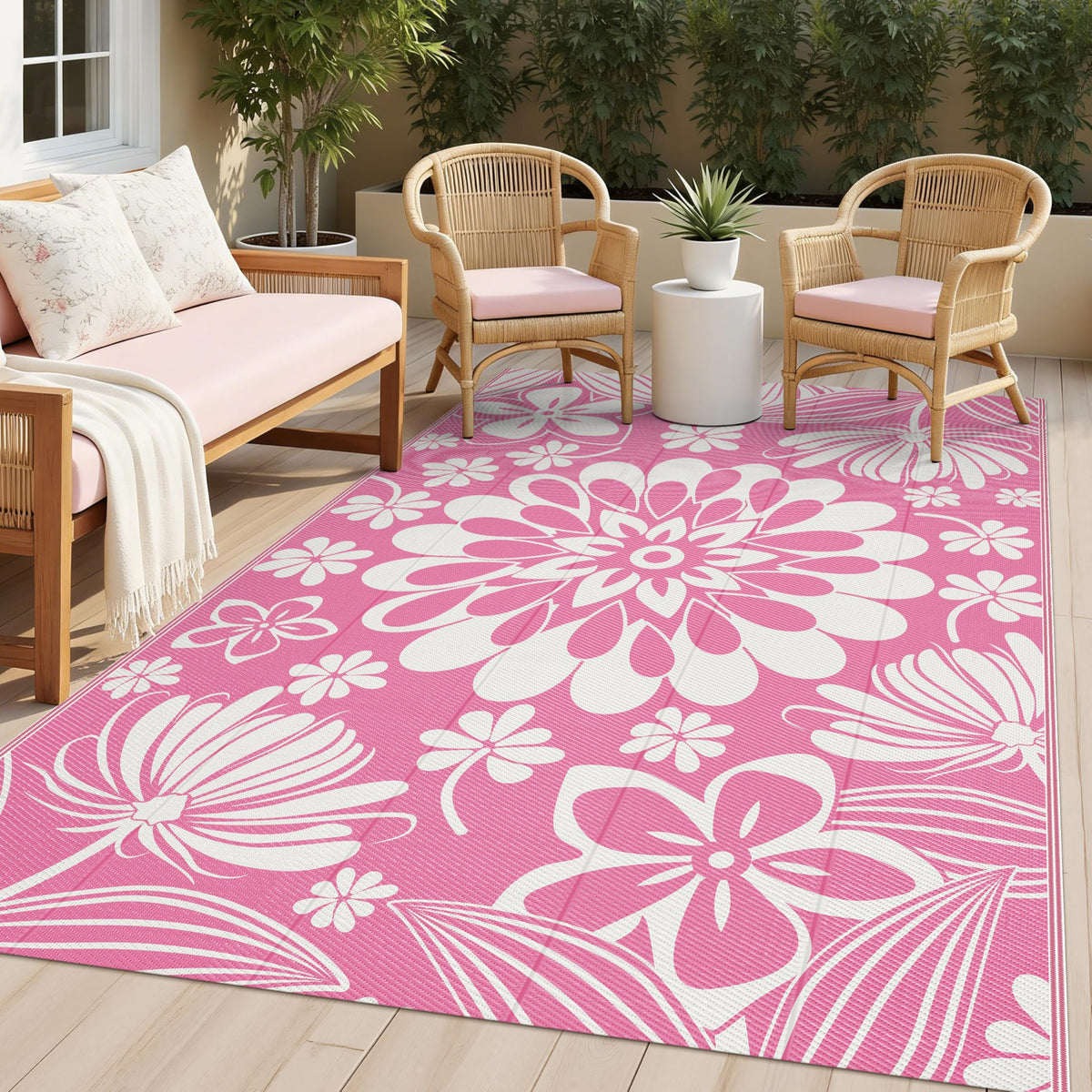 Ileading outdoor rug pink floral reversible design for patios and decks.